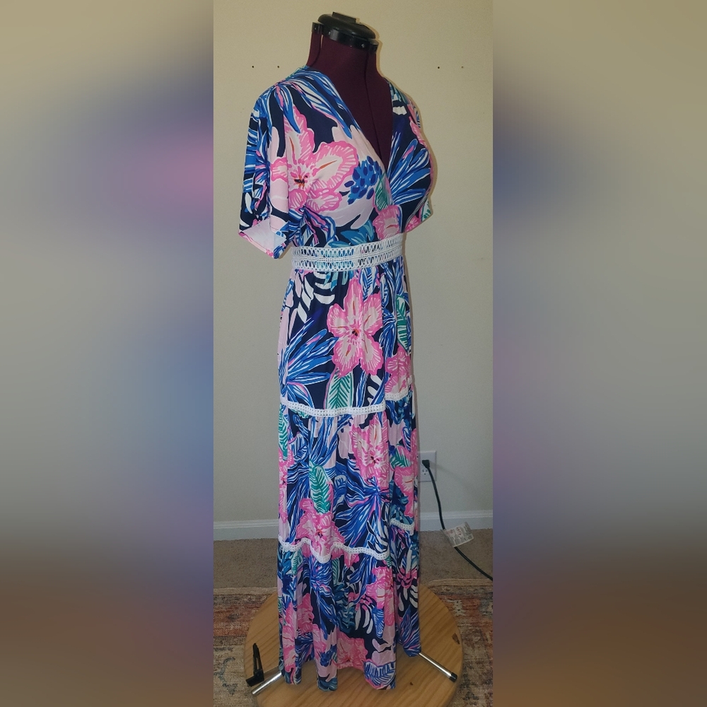 Lilly Pulitzer Pink & Blue Maribella Wrap Maxi Dress Sz 0 - Picture 7 of 11